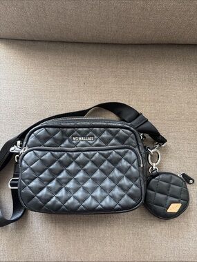 LE MZ Wallace Black LEATHER Quilted Metro Crossbody Detachable Coin Pouch